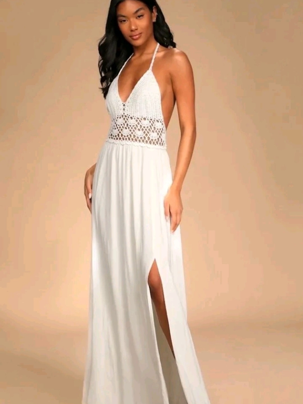 White Crochet Halter Maxi Dress with Side Slit Size Medium